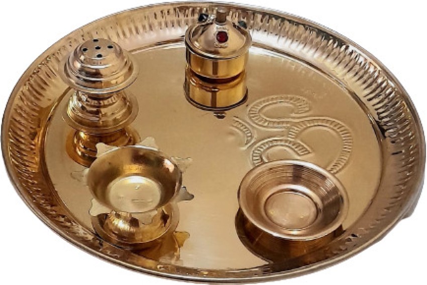 9 Pcs Brass Pooja Thali + 2 Magic Water Sensor Diya (11BPT1)