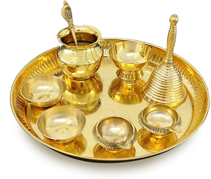 Indian Traditiona Brass Puja Thali Bartan Set of 8 Piece for Mandir Pooja