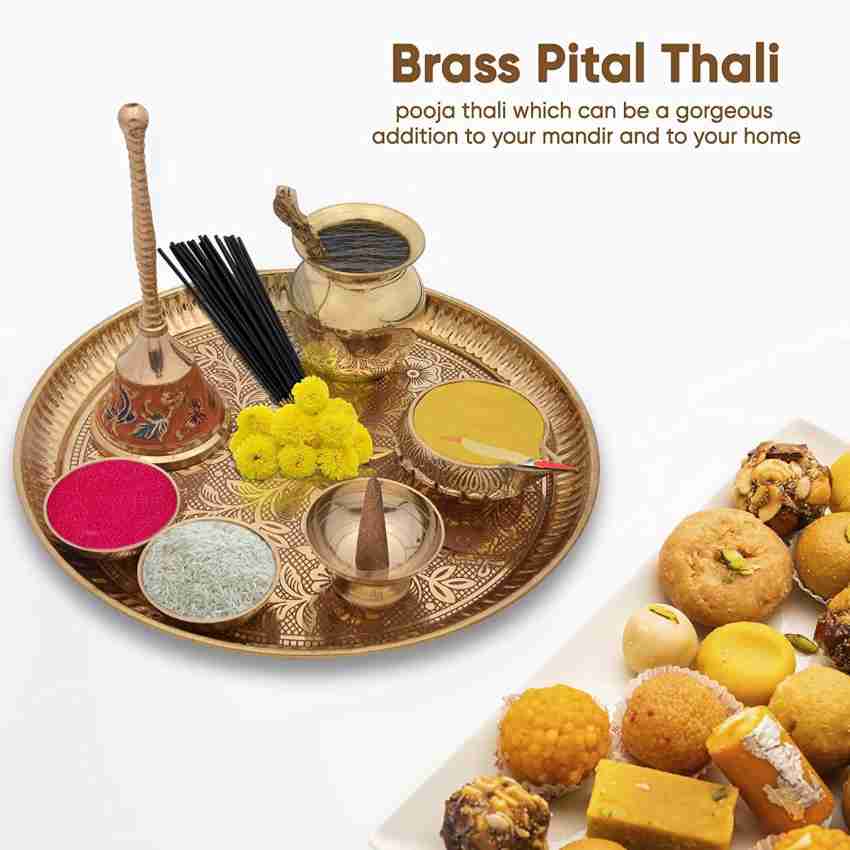 Kreetha-Pure Brass Pooja Thali for Navratri, Diwali Puja Thali with Brass  Bowl, Bell, Agarbatti Holder, Diya Brass Glass with spoon Set (Free Roli  and