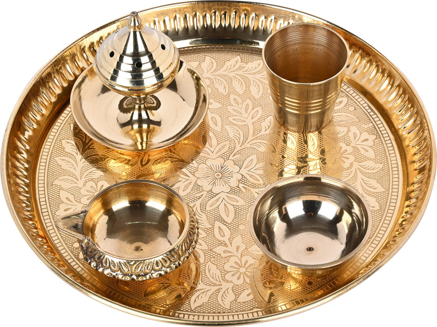 Pooja Brass Plate Set (Diameter - 5") - Puja Arti/Aarti Thali For Home Mandir | Temple | Diwali Decoration | Wedding | Home Decor