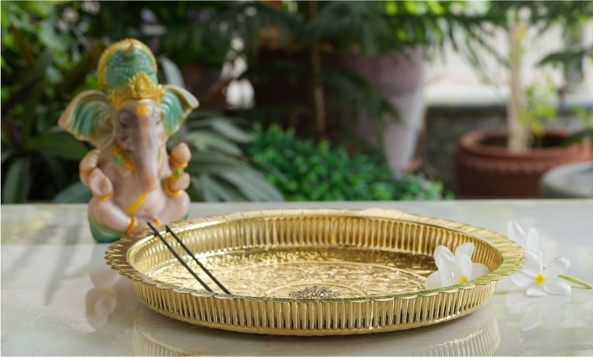 IndianArtVilla Brass Designer Pooja Thali 8'' Inch Brass Price in
