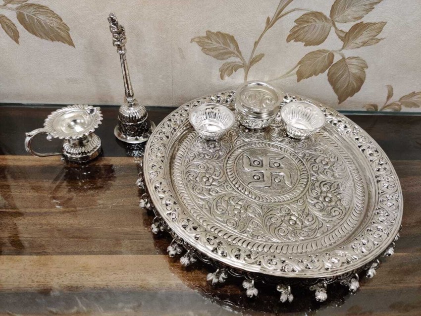 VERAC German Silver Hand Engraved Puja Thali Set Silver, Brass