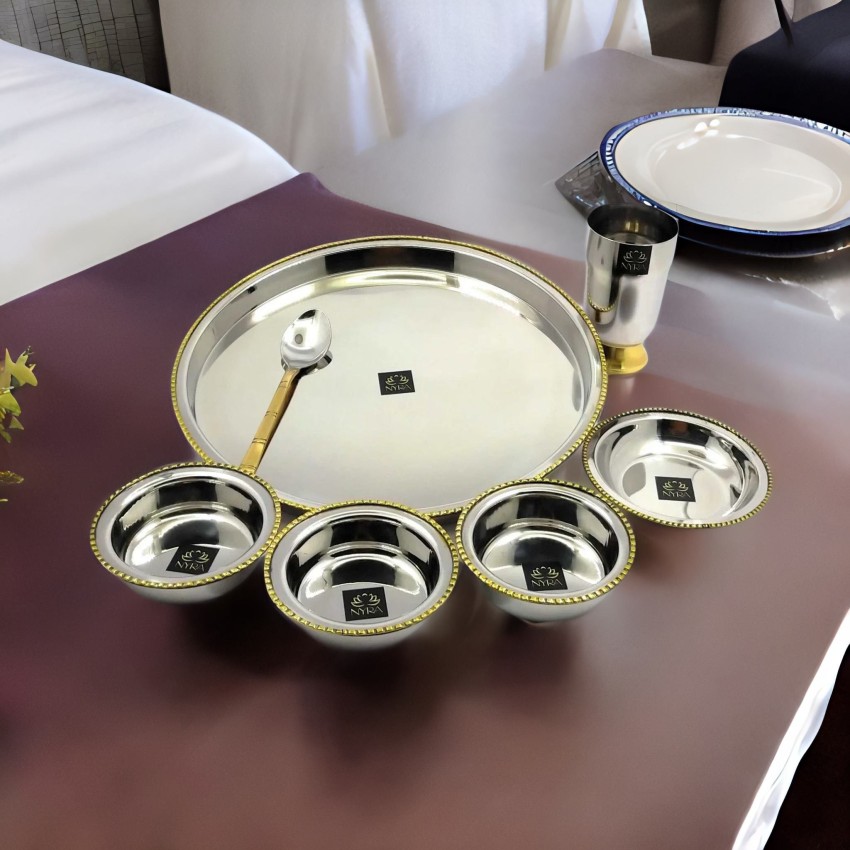 Nyra Stainless-Steel Two-Tone Thali set, detailing of Brass on the outers  of the set Steel Price in India - Buy Nyra Stainless-Steel Two-Tone Thali  set, detailing of Brass on the outers of