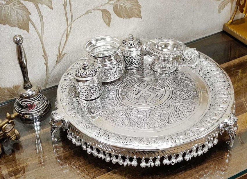 Brass Traditional German Silver Pooja Thali Set,Silver & Gold