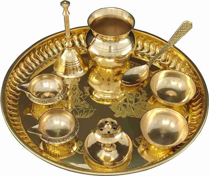Brass Pooja Thali Set (10 inch, Gold) for Pooja/NAVRATARI (Set of 8)