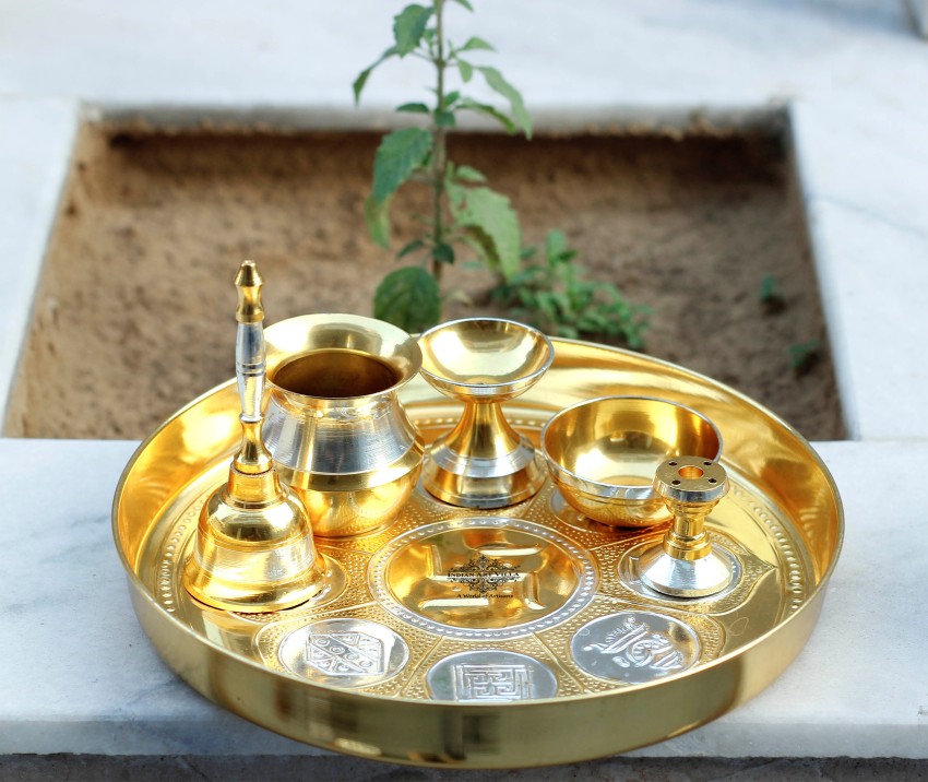 Brass Brass Puja Thali Set, Religious Spiritual Item, Home Temple