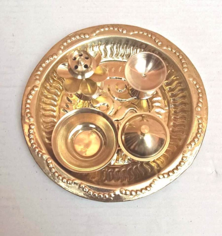 Width 8 Inch Brass Pooja Aarti Thali Set Indian Occasional Gift Puja Thali  Traditional Handcrafted