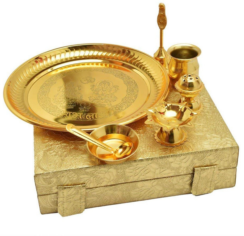 ME YOU Beautiful Gold Plated Brass Pooja Thali Set for Diwali