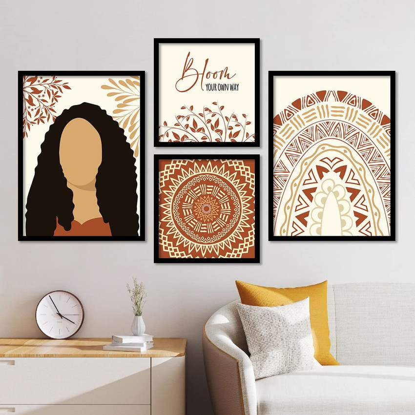 Modern Mandala Art framed Wall Poster for Room Decoration Quotes Wall Decor Painting with Frame for Living Room 11 x 14 inch Multicolor Set of 4 Paper Print