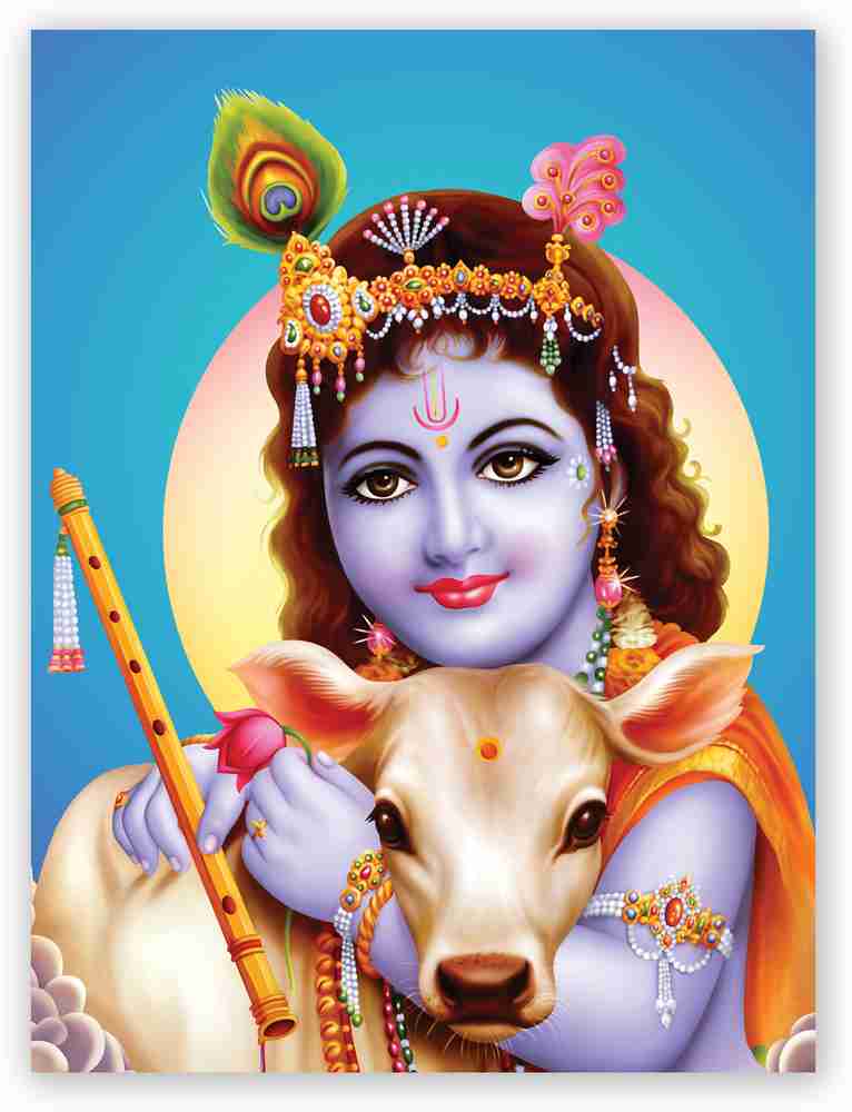 Hindu God Bal Krishna With Cow Digital Photo Poster Size 24 X 18 Inches Fine Art Print Religious posters in India Buy art film design movie music nature and educational