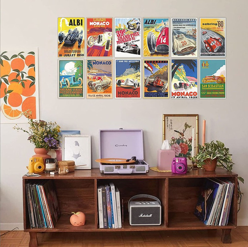 Vintage Race Car Posters Decal for Indie Room Decor Retro Racing