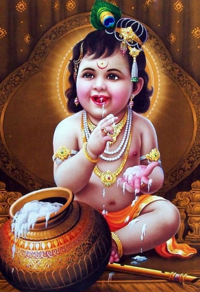 Little Krishna bal Krishnabal Gopalbal roopmakhan chor Baby kanha ji  Golden Photo Frame with Laminated75inchesx95inches