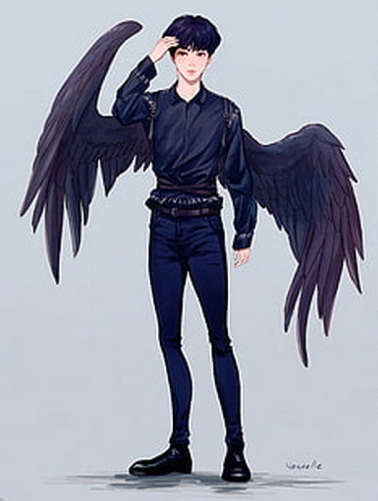 Anime boy with dark wings and crown