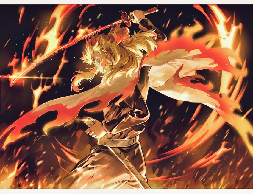 Kimetsu no yaiba, anime, fire, manga, rengoku, theme, HD wallpaper