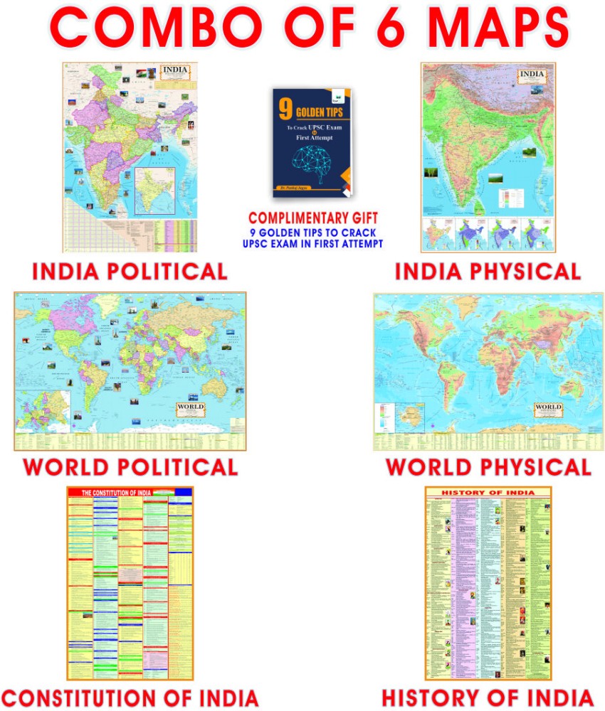 (COMBO OF 6 MAPS/CHARTS) INDIAN Constitution Map & History of India Map  With India & World Map (Both Political & Physical)| Set Of 6| Map Size (40  *