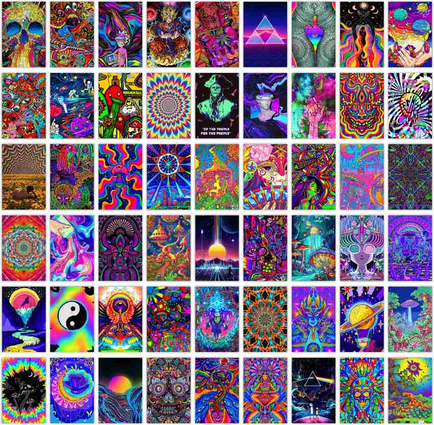 54 Pcs Trippy Psychedelic Posters For Room Wall Decor 4 x 6 Inches Rectangle Self Adhesive Posters Collage Kit For Girls Boys Teens Wall Art For Bedroom Living Room