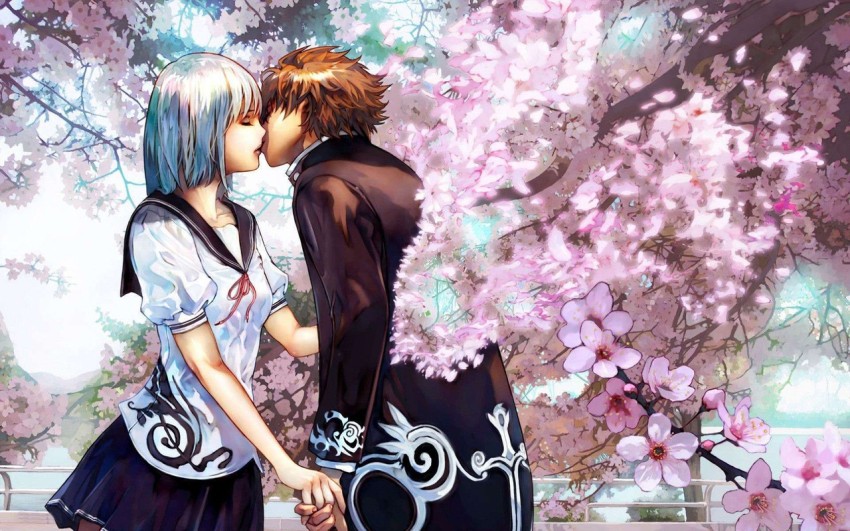 Download Anime Couple Kiss Red Thread Wallpaper | Wallpapers.com