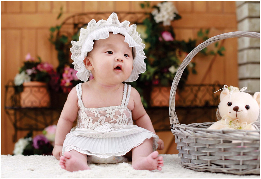 Baby Girl Wearing Dress Sitting Beside a Basket With Bear Plush Toy Cute Baby Posters Baby Girl Boy Poster Smiling Baby Poster Poster for Pregnant Women New Born