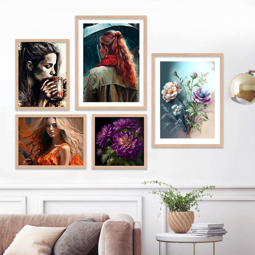 Modern Art Wall Painting for Bedroom Living Room Framed Girls Wall Posters Paintings with Frame Painting for Fashion Studio Gallery Decoration Multi Framed Set of 5 Paper Print Vasl