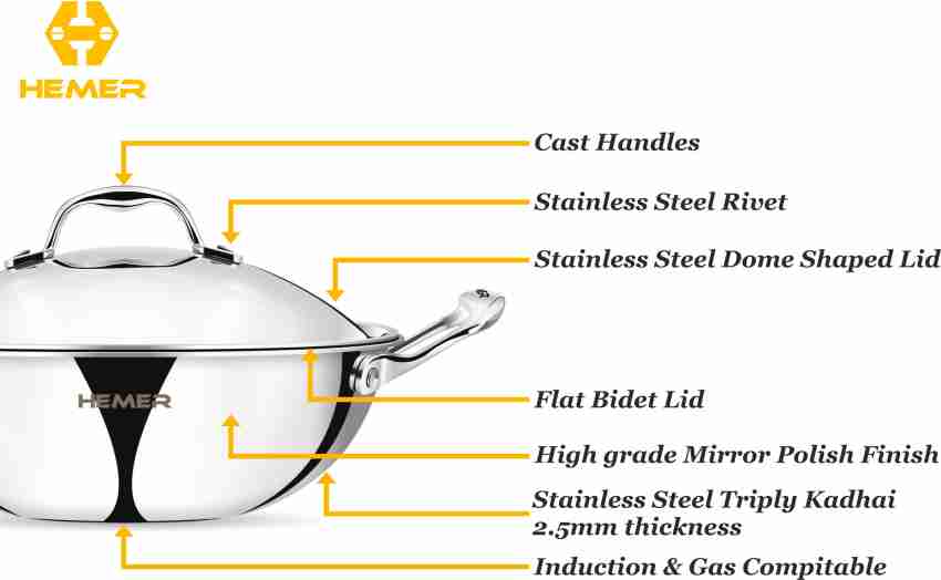 Tri ply Stainless Steel Kadai, Wok