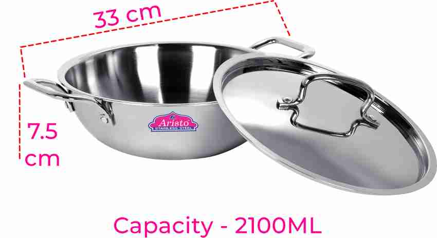 Aristo Tri-Ply Teflon Stainless Steel 1.2 L Kadhai / Indian Woks With Lid  (22 cm Diameter,Non Sticky - Yes)