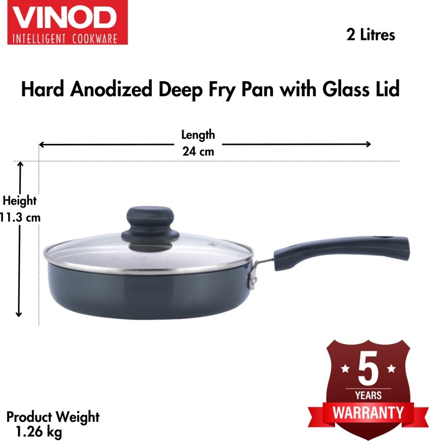 VINOD Black Pearl Hard Anodised Deep Frypan with Glass Lid Fry Pan 24 cm  diameter with Lid 1.5 L capacity