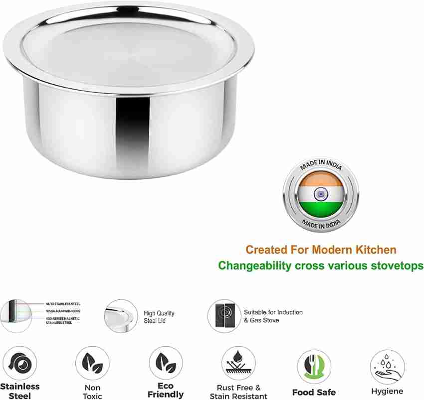 PRABHA by Prabha Heavy Gauge- Encapsulated Base Stainless Steel Milk Pot  Milk Boiler 1.8L And 14cm Diameter Pot 14 cm diameter 1.8 L capacity with  Lid