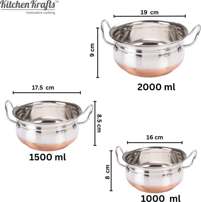  Sumeet Stainless Steel with Copper Bottom Cook and Serve  Essential Handi with Lid - Set of 3 Pcs (1.1 LTR, 1.6 LTR, 2.1 LTR): Home &  Kitchen