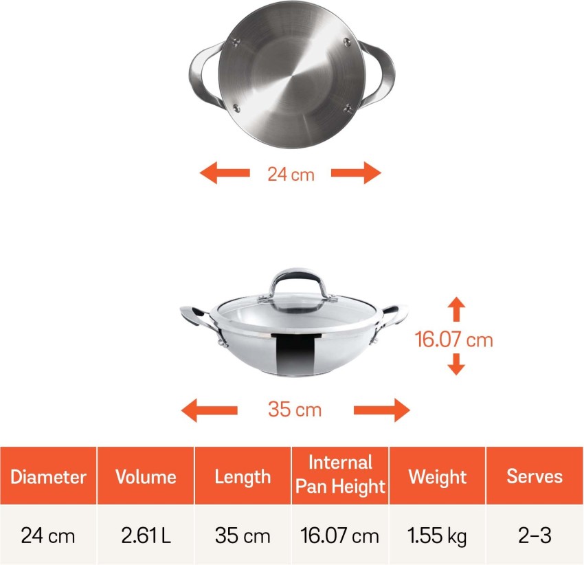 Meyer Trivantage Nickel Free Stainless Steel Triply Kadai, Steel Kadhai  With Lid, Stainless Steel Cookware With Induction Base, Small Stainless  Steel Kadhai