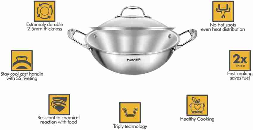 Hemer 24cm 2.9Ltr Triply Stainless Steel Kadai with Lid Deep Kadhai Cast  Handle Induction Friendly