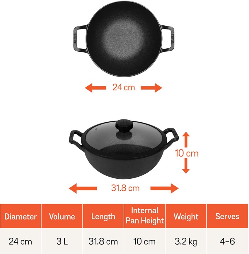  Meyer Pre Seasoned Cast Iron Kadai, Iron Kadhai with Lid for  Cooking and Stir Frying, Heavy Base Iron Kadai Small Size