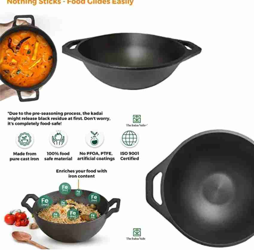 Pre-seasoned Cast Iron Kadai/ Wok With Flat Bottom 11 inch