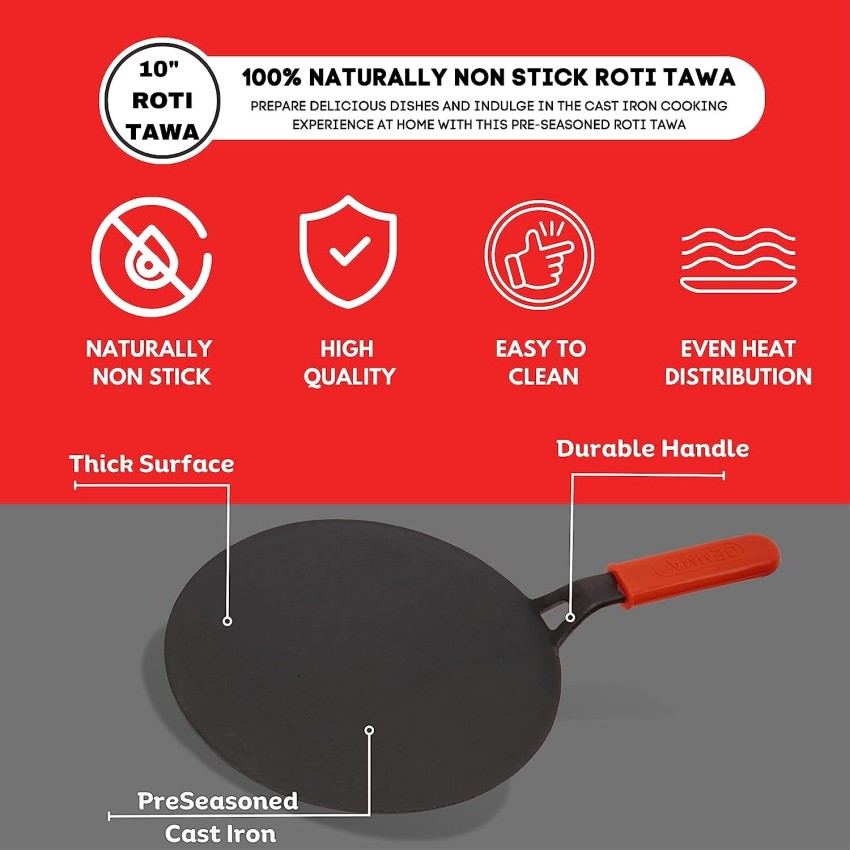  GEMMA cast Iron tawa chapati tawa for Roti, Concave chapati  tawa Iron tawa roti chapati pan, Naturally Non Stick loha tawa for roti  with Long Handle