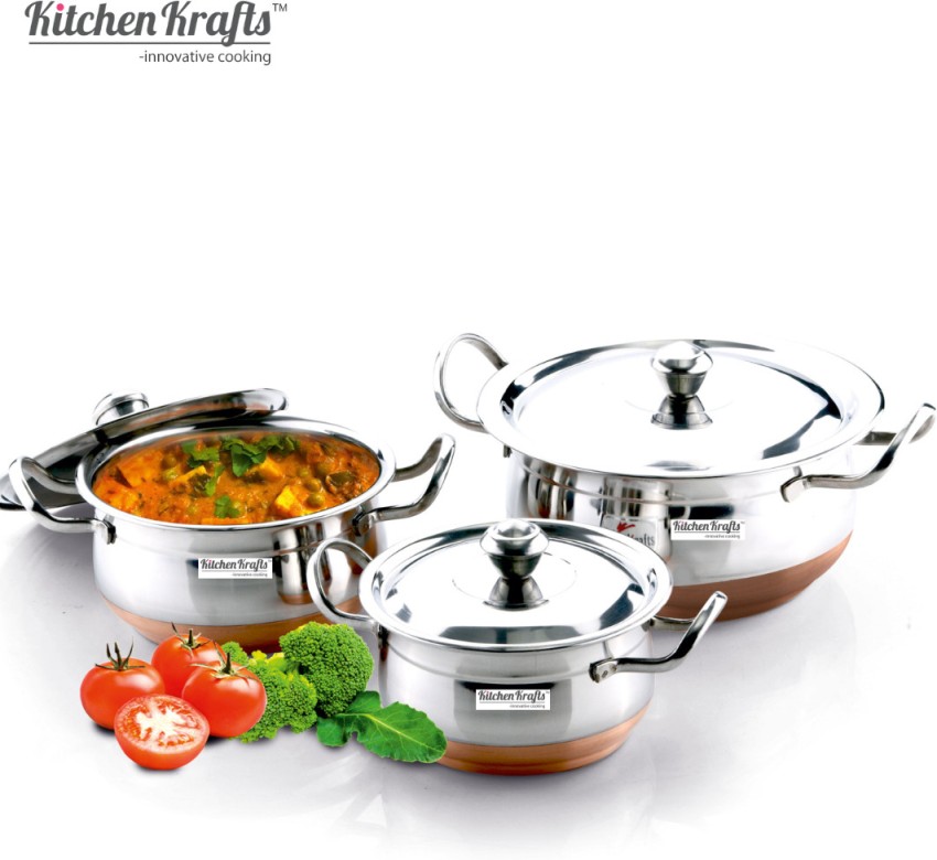  Sumeet Stainless Steel with Copper Bottom Cook and Serve  Essential Handi with Lid - Set of 3 Pcs (1.1 LTR, 1.6 LTR, 2.1 LTR): Home &  Kitchen