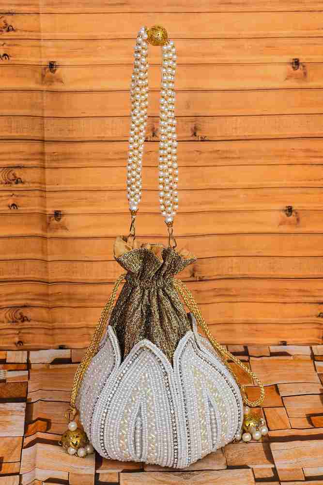 Nakh Clothing Women s Ethnic Potli Bags for Wedding Bridal Purse Clutch Batwa Pouch Potli White and Golden Price in India Flipkart