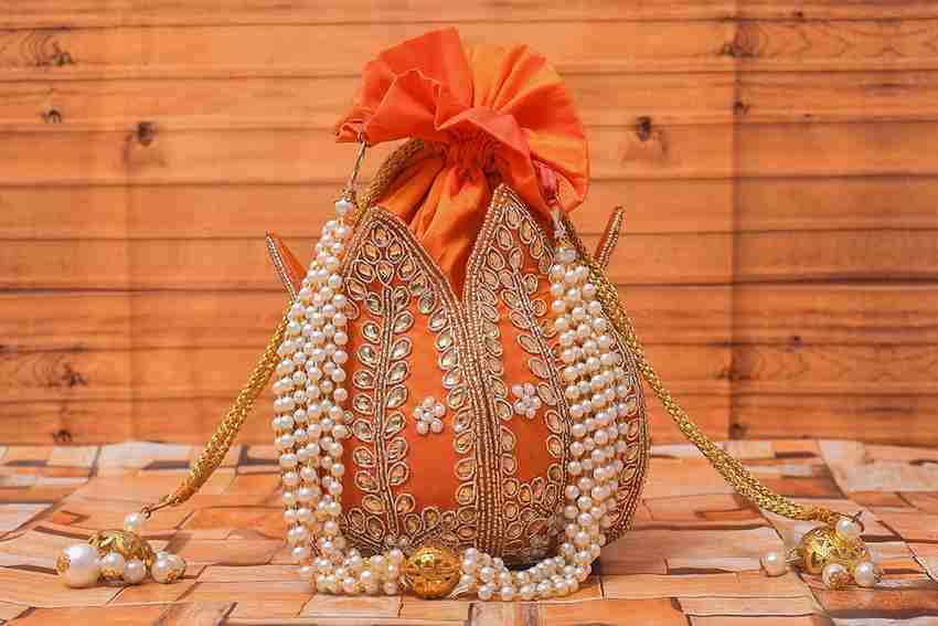 Nakh Clothing Women s Ethnic Potli Bags for Wedding Bridal Purse Clutch Batwa Pouch Potli Orange and Golden Price in India Flipkart