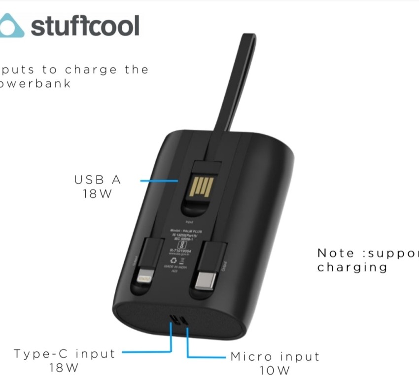 Stuffcool Palm Plus 10000 mAh Mini Power Bank with Built In Cables