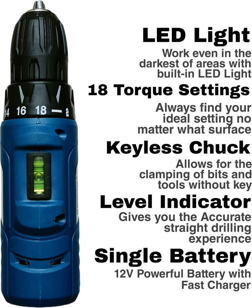 Hakimi HYPERMAX Machine with 12V Li ion Rechargeable Battery 1500 mAh LED Light 10mm Keyless Chuck Spirit Level Indicator Reverse Forward Switch Cordless Drill Price in India Buy Hakimi HYPERMAX