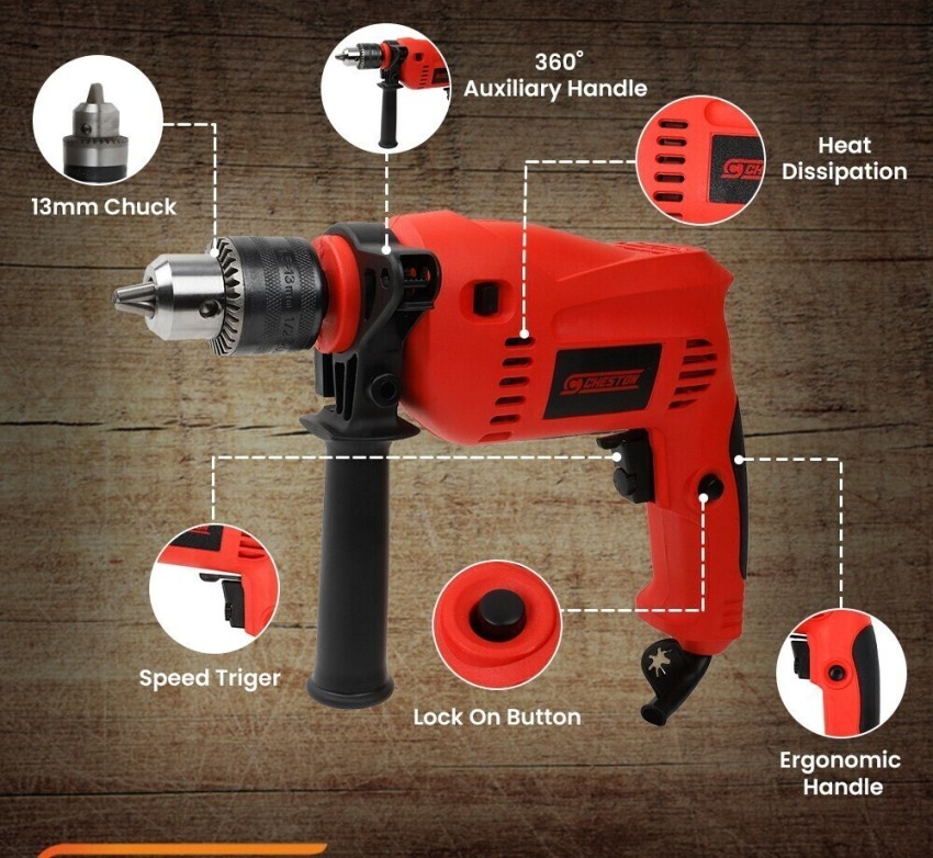 CHESTON 13mm Impact Machine Reversible Hammer Driver Variable Speed Screwdriver CHD 13RE 13MM.KIT. Pistol Grip Drill Price in India Buy CHESTON 13mm Impact Machine Reversible Hammer Driver Variable Sp...