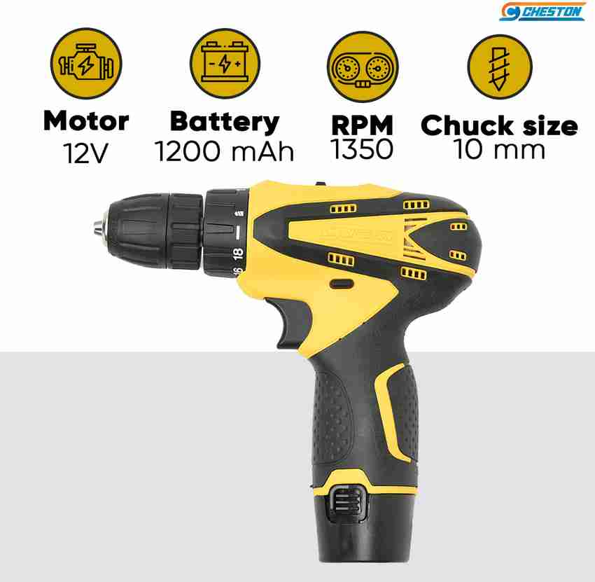 CHESTON 10 mm Dual Speed Keyless Chuck 12V Cordless Drill Screwdriver with 2 Batteries LED Torch Variable Speed and Torque Setting 19 1 CH 812 3 Pistol Grip Drill Price in India Buy CHESTON 10