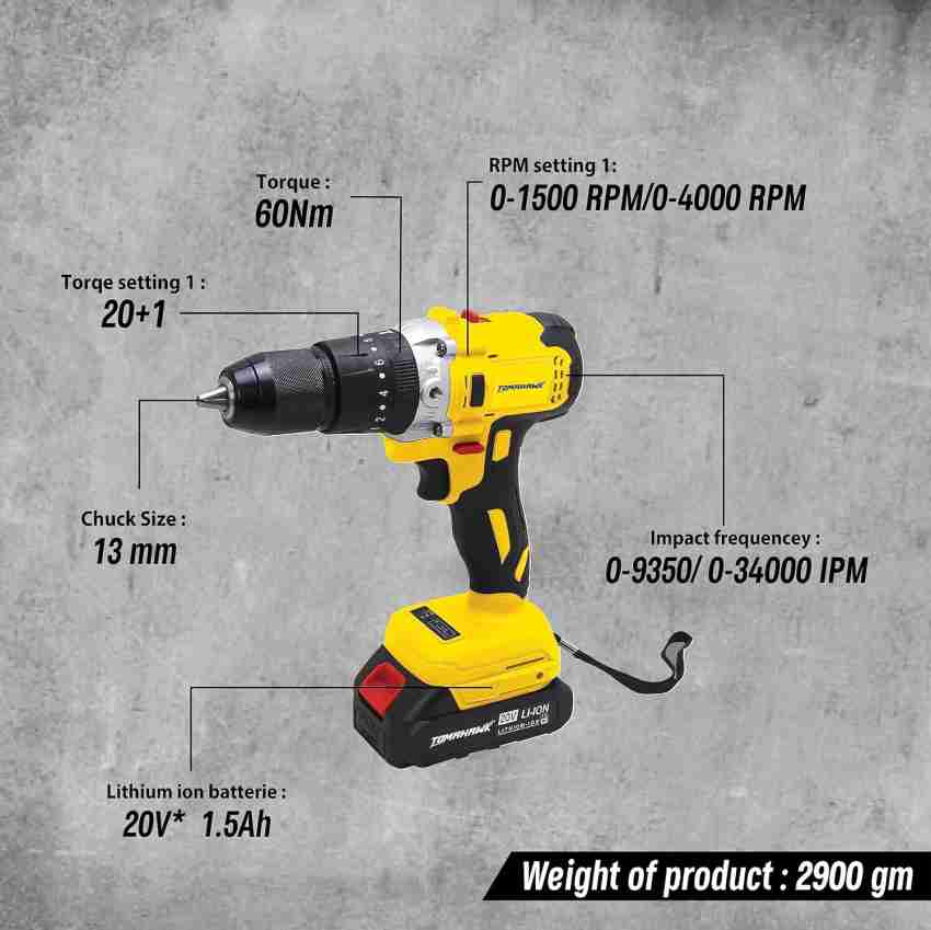 Tomahawk Brushless Impact Drill Power 20V No Load Speed 4000RPM