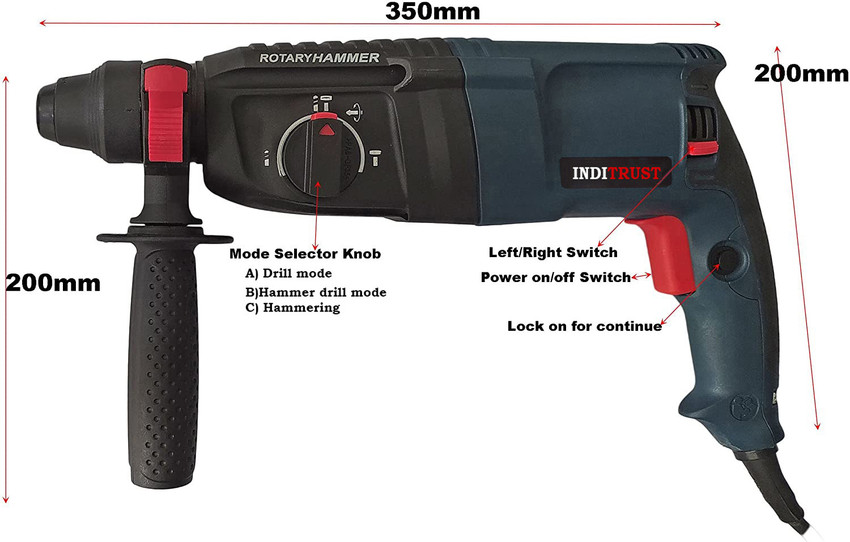 Inditrust WITH 6 MONTHS WARRANTY 100 Copper Winding 26mm 1200W reversible rotary hammer drill machine SDS plus with 3 mode operation bits and carrying box Rotary Hammer Drill Price in India