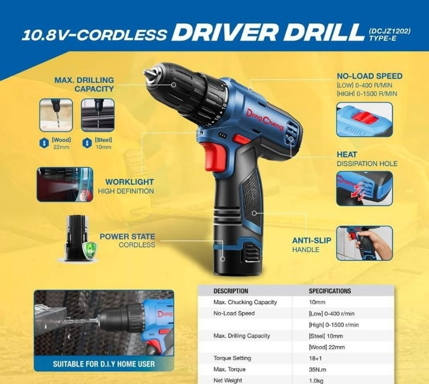DONGCHENG MAYUR CORDLESS SCREWDRIVER DRILL 1202E 12V MAX BATTERRY 1500 RPM WITH HEAVY KIT Power Hand Tool Kit