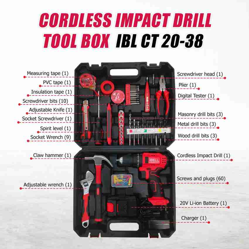 iBELL Professional 20V Cordless Impact Drill Brushless CT20 38 Power Hand Tool Kit Price in India Buy iBELL Professional 20V Cordless Impact Drill Brushless CT20 38 Power Hand Tool Kit online
