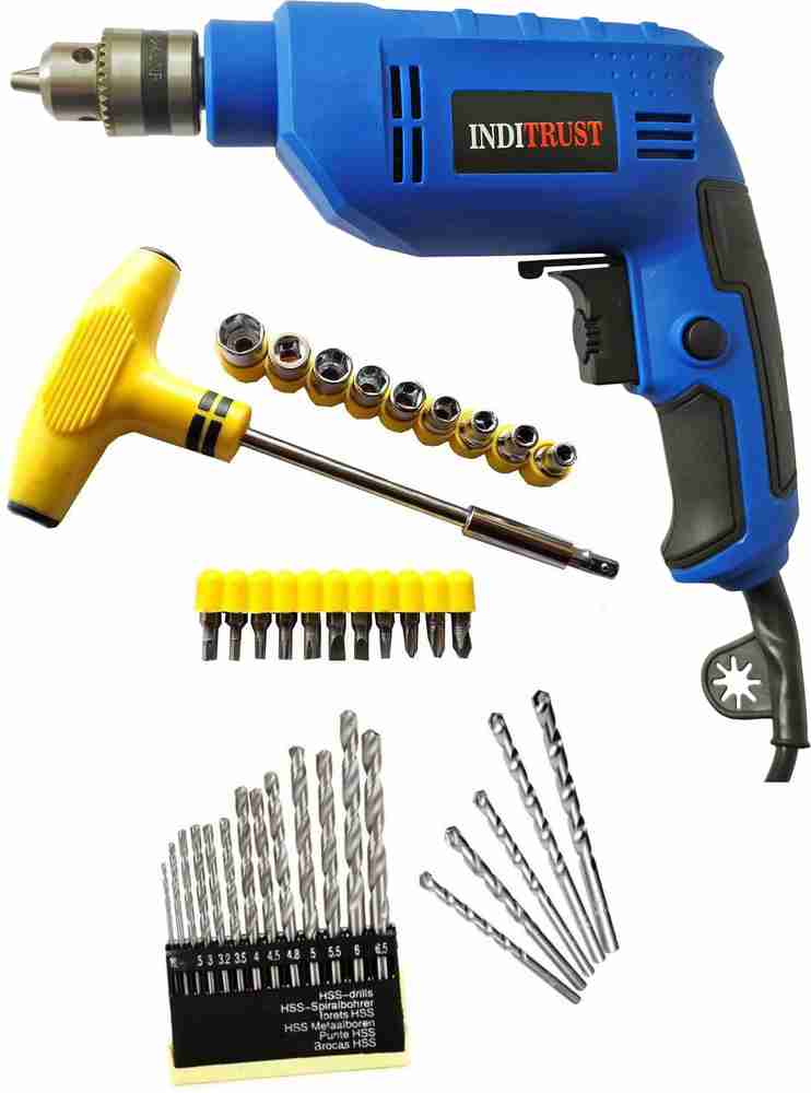Inditrust 500W 10mm reversible drill machine 22pc Socket set 13pc HSS and 5pc masonry set Power Hand Tool Kit