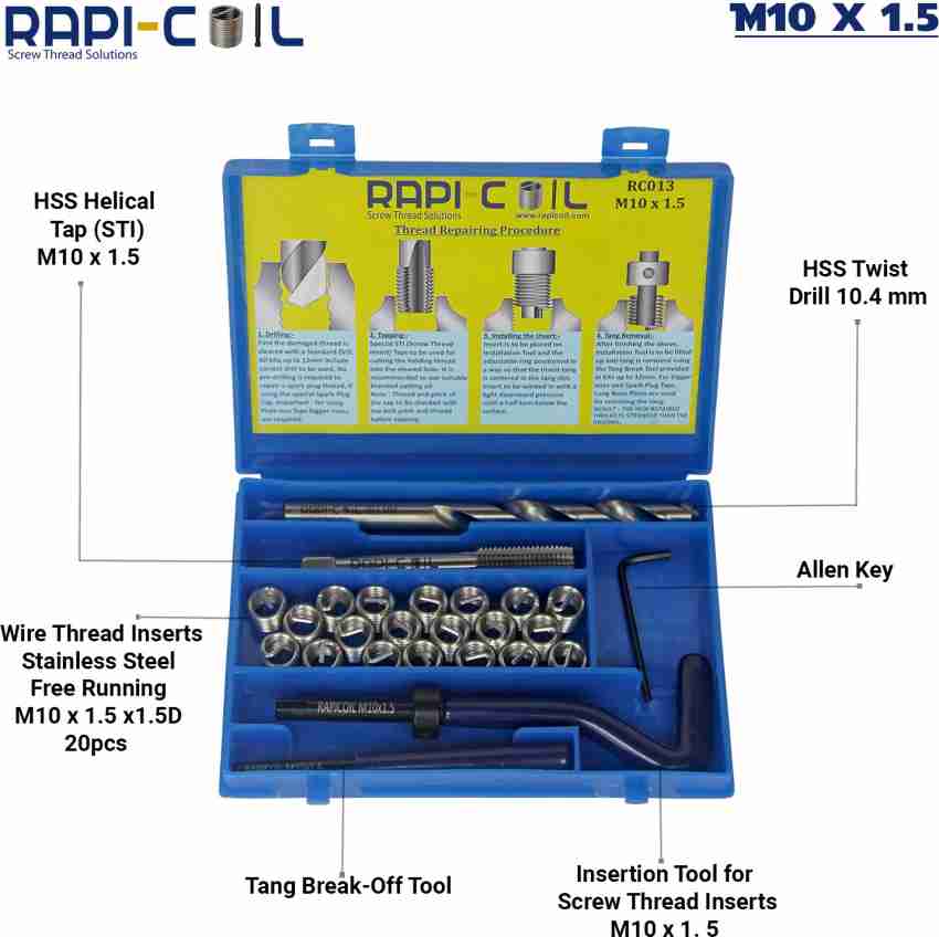 Stainless Steel RAPI-COIL M10 X 1.5 Thread Repair Helicoil Kit, Wire Thread  Insert, Packaging: Box, Model Name/Number: RC013 at Rs 1500/kit in New Delhi