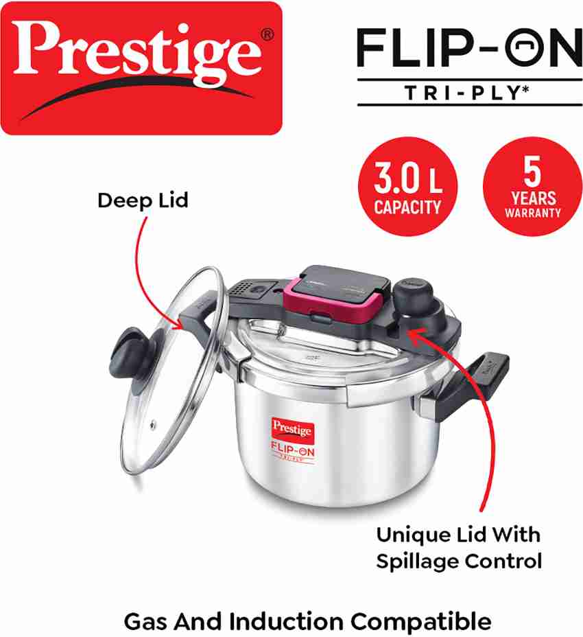 Prestige Svachh Flip-on Stainless Steel Gas and Induction Compatible  Pressure Cooker with Glass Lid, (Silver)