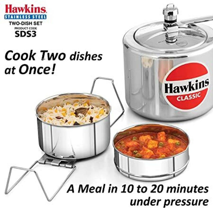 Hawkins CLASSIC IN. ALUMINIUM 3L COOKER WITH SS TWO DISH SET COMBO 3 L Inner Lid Induction Bottom Pressure Cooker Price in India Buy Hawkins CLASSIC IN. ALUMINIUM 3L COOKER WITH SS