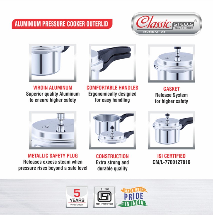 Buy Aspire Classico Supreme Aluminium Pressure Cooker with Innner Lid, Gas  Stove and Induction Supported 5 Liter, Silver Online at Low Prices in India  