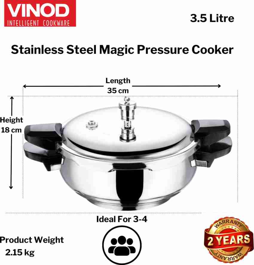 VINOD 18/8 Stainless Steel Magic Pressure Cooker with 3 Lids 3.5 L  Induction Bottom Pressure Cooker